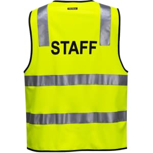 A high-visibility yellow work vest featuring reflective stripes and a logo. Suitable for staff identification.