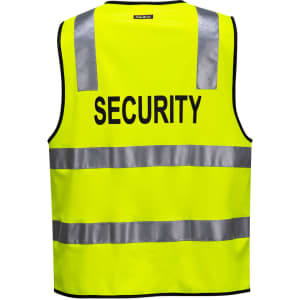 A fluorescent yellow security vest featuring reflective stripes and a logo on the back.