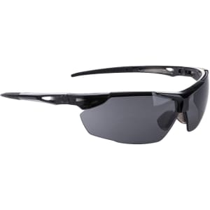 A pair of black safety spectacles with grey tinted lenses, featuring a sleek design and a logo on the side.