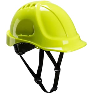 A bright yellow helmet with adjustable straps and ventilation slots. It features a logo on the side.