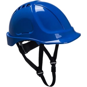 A blue safety helmet with adjustable straps and ventilation holes, featuring a logo on the side.