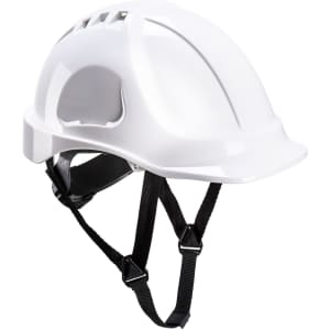 A white protective helmet with adjustable straps and ventilation holes. It features a logo on the side.