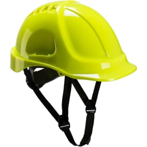A bright yellow helmet with a shiny finish and adjustable straps. It features ventilation slots on top and a logo.
