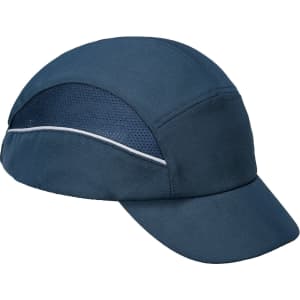 A navy blue bump cap featuring a curved peak and mesh side panels, along with branding.
