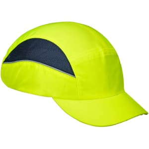 A bright yellow bump cap with a blue mesh side panel, designed for safety wear. It features a curved visor and a logo.