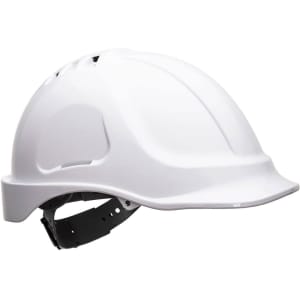 A white safety helmet with ventilation holes and an adjustable strap, featuring a logo on the side.