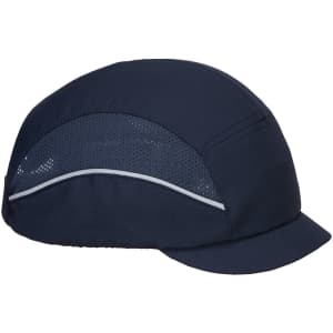 A navy blue bump cap with a micro peak and mesh panels for ventilation, featuring a logo on the side.