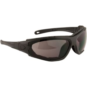 A pair of black safety spectacles with tinted lenses and a sleek design. The glasses have a logo on the side.