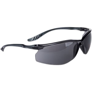 A pair of black safety spectacles with dark lenses and sleek design, featuring a logo on the side.