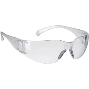 Transparent safety glasses with a wrap-around design and an included logo. The frame is clear.