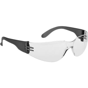 Clear safety glasses with a black frame, featuring wrap-around design and a logo on the side.
