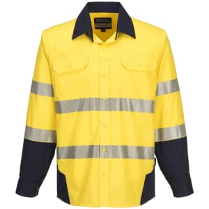 A Hi-Vis work shirt in yellow with navy blue sleeves and reflective stripes, featuring a brand logo.