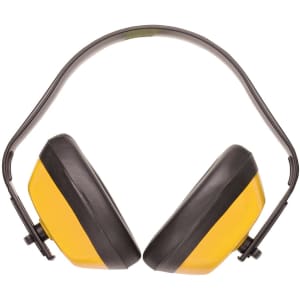 Classic ear muffs in black and yellow, featuring a sturdy headband and dual ear protection cups.