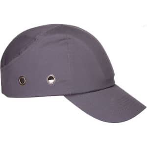 A grey bump cap with ventilation eyelets on the sides, designed for safety wear. It features a structured peak.