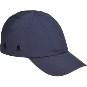 A navy blue bump cap with ventilation eyelets and a curved brim, featuring a logo on the side.