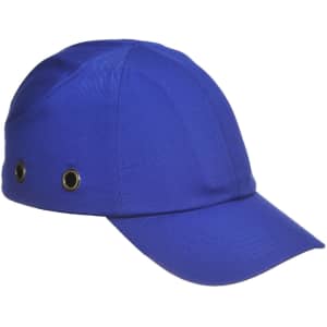 A blue bump cap with ventilation eyelets, designed for safety wear, featuring one logo on the side.