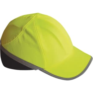 A safety bump cap in bright yellow with a grey trim, designed for protective wear. It features a logo on the side.