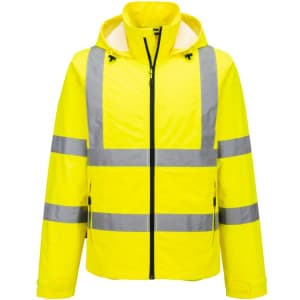 A lightweight packable jacket in vibrant yellow with reflective grey stripes and a hood. It features a zipper closure.