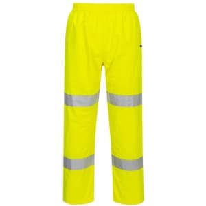 Hi-Vis lightweight packable trousers in bright yellow with silver reflective stripes. Features an elastic waistband and has a logo.
