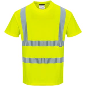 A bright yellow short-sleeve t-shirt with reflective stripes and a brand logo.