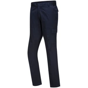 Navy WX2 Stretch Slim Fit Cargo Pants featuring side pockets and a logo.