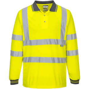A long-sleeve high-visibility polo shirt in bright yellow with reflective stripes. It features a collar and has a logo.