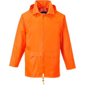 A vibrant orange rain jacket with a hood, zip front, and adjustable hem. It features a logo on the chest.