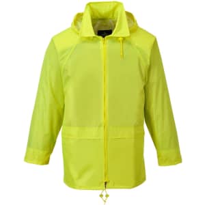 A bright yellow rain jacket with a hood and zipper front. It features long sleeves and a logo on the chest.