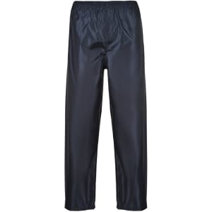 Black rain trousers with an elastic waistband, featuring a sleek, waterproof design. Includes a logo.
