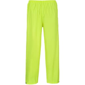 Bright yellow rain trousers with an elastic waistband and side pockets, featuring a logo.