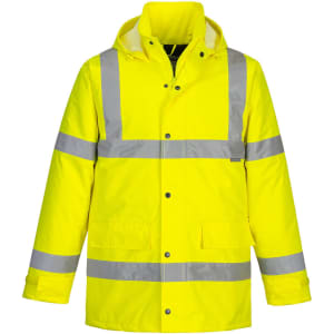 A bright yellow traffic jacket with reflective silver stripes and a hood, featuring two front pockets and a logo.