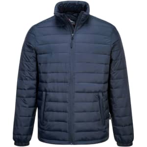 A dark navy puffer jacket with a zip-up front and standing collar, featuring side pockets and a logo.