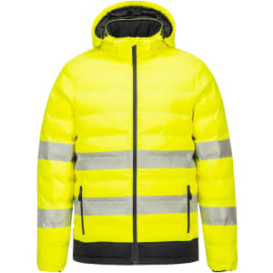 A bright yellow heated tunnel jacket with reflective stripes, featuring a hood and zip front. It has a logo on the chest.