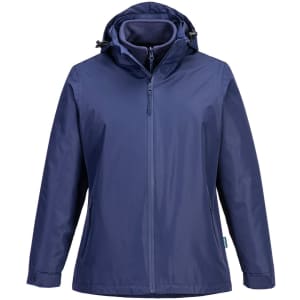 A navy blue women's 3-in-1 jacket featuring a hood and zip closure. It has a logo on the exterior.