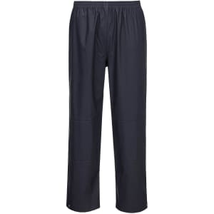 Navy blue Flexatex Chem Pants displayed with an elastic waistband and a sleek design. Features a logo on the side.