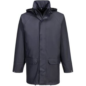A dark navy waterproof jacket with a hood, featuring front pockets and a concealed zipper, including a logo.