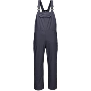 A navy blue pair of waterproof bib and brace overalls with adjustable straps and a chest pocket.