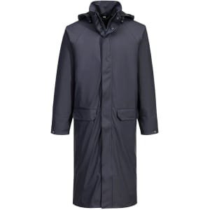 A long, dark navy coat with a hood and front pockets, featuring a logo on the chest.