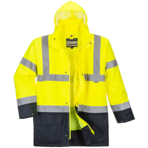 A high-visibility yellow jacket with reflective strips and a navy bottom section, featuring a hood and a zip closure.