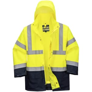 A hi-vis yellow jacket with reflective stripes and a navy bottom. It features a hood and an inner lining.