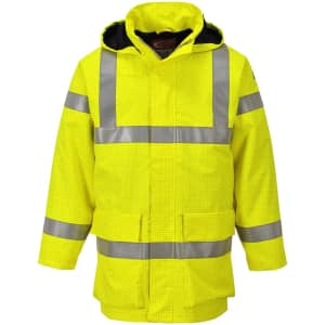 A bright yellow rain jacket with reflective strips and a hood. It features a checkered pattern and pockets.