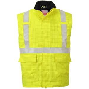 A high-visibility yellow bodywarmer with reflective stripes and pockets, featuring a black collar and branding.