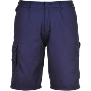 Navy blue combat shorts featuring multiple cargo pockets and a logo. Suitable for casual or outdoor wear.