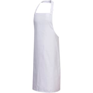 A white bib apron with adjustable straps, featuring a logo, designed for workwear use.