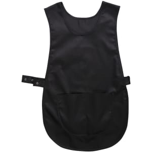 A black tabard with a pocket, designed for salon and spa uniforms. Features a simple, sleeveless design.
