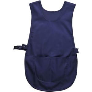 Navy tabard with a pocket, featuring adjustable side strap and smooth fabric. Includes a logo.
