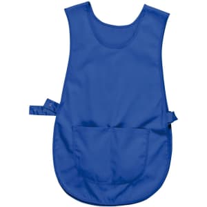 A blue tabard with a pocket, featuring adjustable straps and a smooth fabric finish. It has a simple, uniform design.