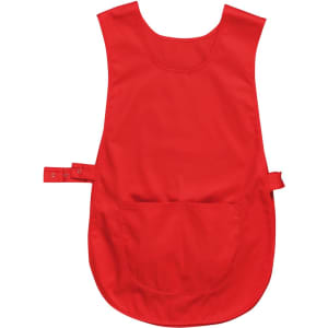 A bright red tabard with a large front pocket, featuring fastening straps on the side and a simple design.