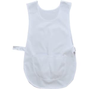A white tabard with a front pocket and adjustable strap, designed for salon and spa uniforms.