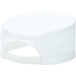 A white chef skull cap with a flat top and adjustable back, featuring a branding logo.